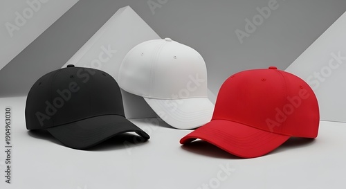Three Baseball Caps Displayed on White Surface with Dramatic Lighting