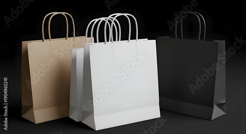 Three Paper Shopping Bags in Beige White and Black on Dark Background