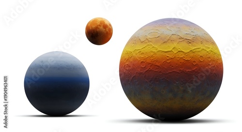 Three Textured Spheres in Gradient Colors with Detailed Surfaces Against White Background
