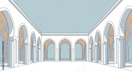 Architectural Perspective Arched Hallway with Columns and Open Space.