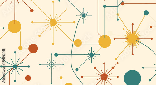 Atomic Era Inspired Abstract Pattern with Geometric Shapes and Lines.