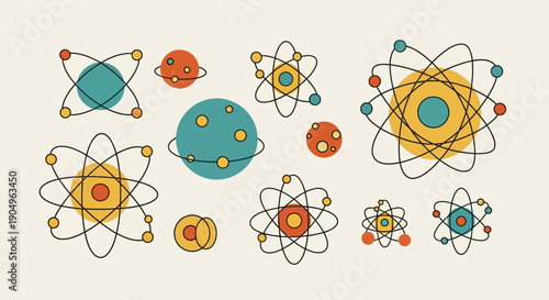 Atomic Structures and Planets A Colorful Retro Science Illustration.