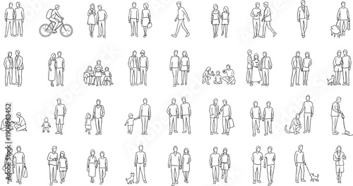 Minimal line art illustration set of people walking, families, couples, and daily activities, outline characters collection for urban lifestyle, social scenes, and modern design use