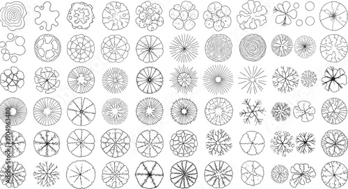Abstract hand drawn circular organic shapes collection, minimal line art elements inspired by nature textures, tree rings, cells, and radial patterns for modern design use
