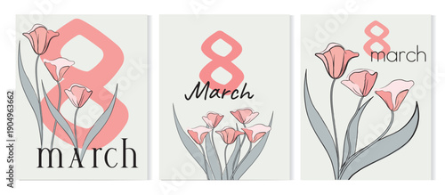 Set of greeting card with elegant flowers vector flat illustration. Collection of beautiful vertical postcard decorated with Set of greeting card with elegant flos isolated. Festive blooming template 