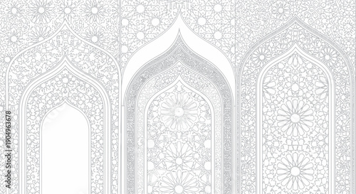 Elegant White Islamic Archways with Intricate Geometric Patterns.