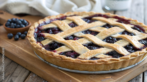 a mouthwatering fresh blueberry pie, elegantly topped with a classic lattice crust