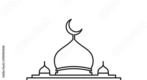 Minimalist Mosque Illustration with Crescent Moon Topper in Black and White.