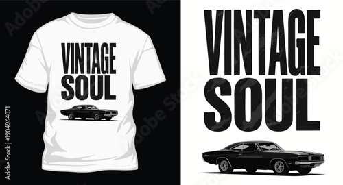 Vintage soul t-shirt design featuring classic american muscle car for car enthusiasts