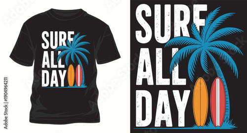 Surf all day graphic design with palm tree and surfboards t-shirt