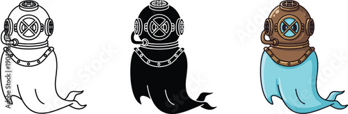 Vintage diving helmet with octopus tentacles in modern illustration styles