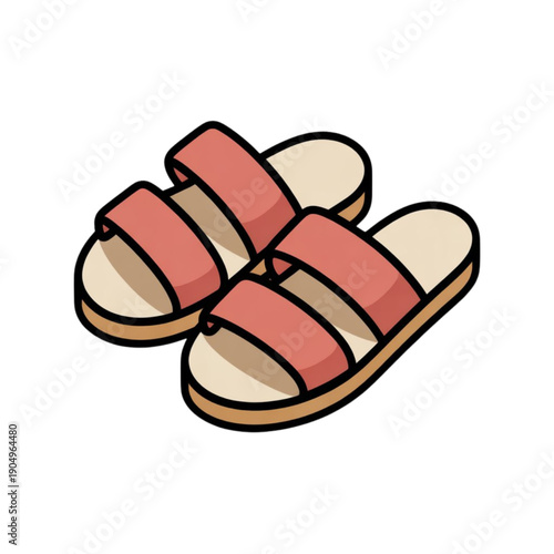 A cute pair of pink and beige slip-on sandals with two straps shown in an isometric view. Vector, illustration