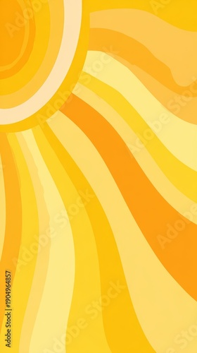 Groovy sun background. Yellow curvy rays. Preppy sunburst, sunrise or sunset poster. Happy summer theme wallpaper. Good vibes design. Trendy psychedelic print. Vector flat illustration. 
