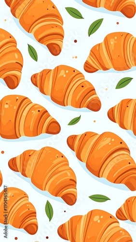 Seamless pattern of cartoon croissants with leaves scattered on a light blue background