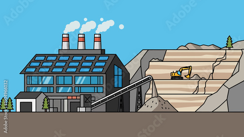 Industrial Landscape Factory and Quarry in a Flat Design.
