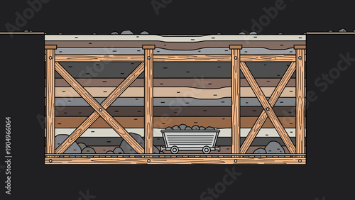 Mine Shaft Entrance with Wooden Support and Ore Cart.