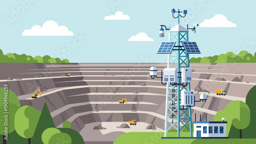 OpenPit Mining Operation with Monitoring Tower and Heavy Equipment.