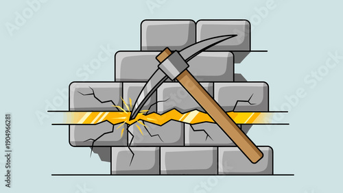 Pickaxe Breaking Through Brick Wall Revealing Gold.