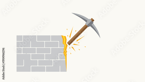 Pickaxe Breaking Through Brick Wall Symbolizing Overcoming Obstacles.