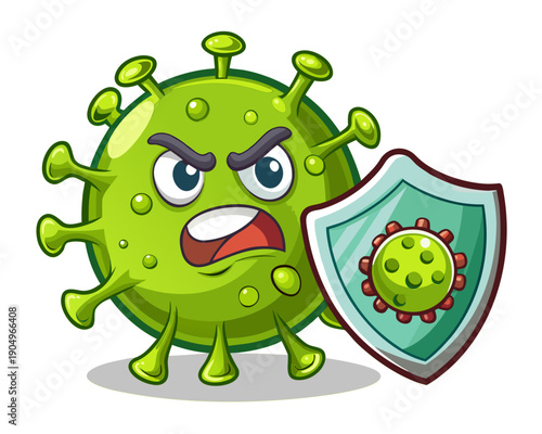 A menacing cartoon virus character protected by a shield displaying a smaller virus, illustrating defense against germs and microscopic threats