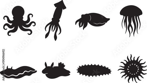 Exotic Ocean Wildlife Silhouette Vector Collection: Octopus, Squid, Jellyfish, Nudibranch, Cuttlefish, and Deep-Sea Invertebrate Icons Set on White.