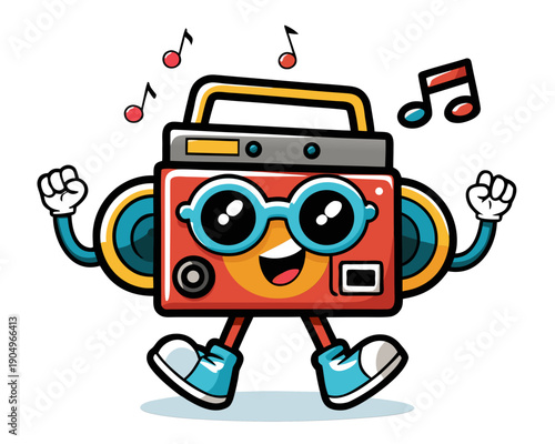 A vibrant cartoon boombox character dancing joyfully with music notes surrounding it, wearing sunglasses and sneakers, embodying fun and energy