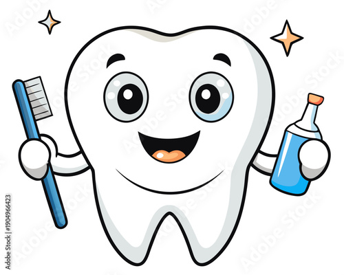 Smiling tooth character holding toothbrush and toothpaste, promoting oral hygiene and dental care for healthy teeth