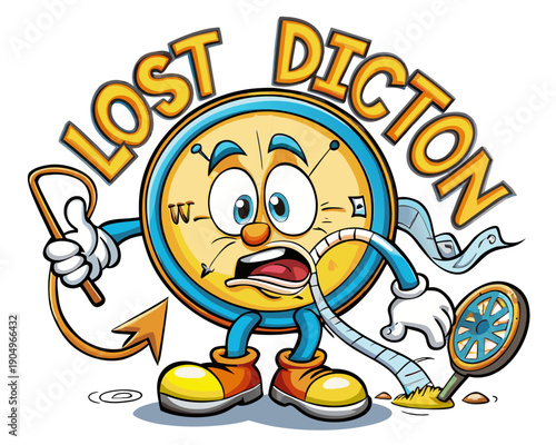 A cartoon clock character appearing lost and distressed, holding a magnifying glass and standing next to a broken magnifying glass illustration