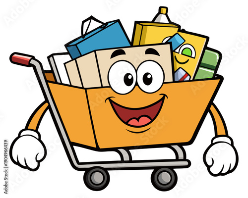 A cheerful shopping cart character overflowing with various products from a supermarket viewed from the side in a playful illustration