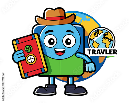A smiling blue character with a hat holding a book in front of a globe, representing travel and adventure