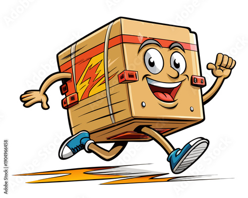A cartoon box character running with enthusiasm and energy, showcasing dynamic movement and excitement