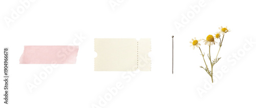 Φωτογραφία Pink washi tape strip, vintage ticket stub paper, straight pin and chamomile daisy flowers isolated on transparent background