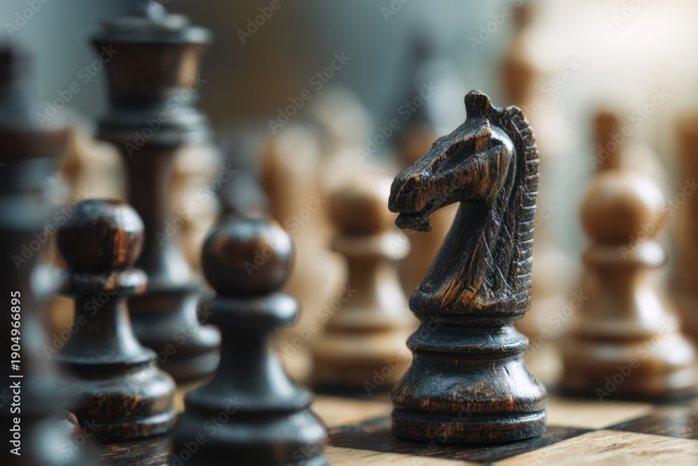 Fototapeta premium Strategic Chess Game Wooden Knight Planning Strategy Competition Success Plan Win Leadership Business Decision Strategic Move Strategy Development Game Plan