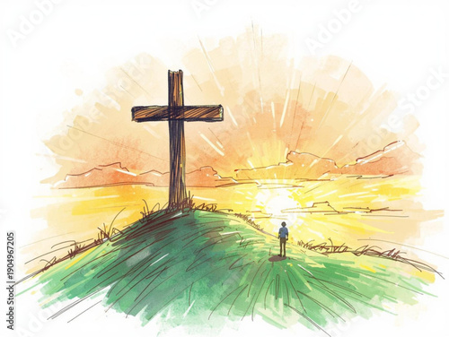 Cross on a hill with sunrise behind