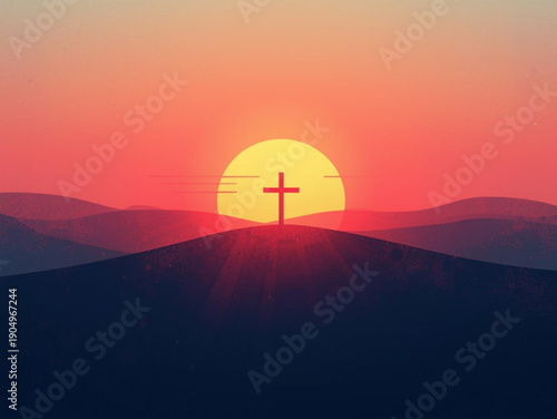 Cross on a hill with sunrise behind