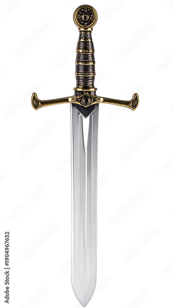 Obraz premium Shining silver sword with golden hilt and pommel, isolated on white background