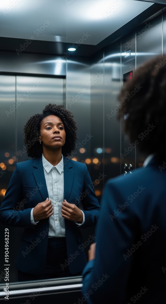 Obraz premium Confident african female professional in business attire adjusting suit in elevator with city lights reflection at night