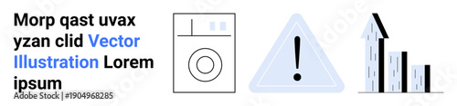 Safety alerts, household appliances, data monitoring, energy usage, laundry care, efficiency. Washer, exclamation symbol and bar graph. Safety alerts and household appliances concept