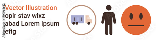 Logistics, transportation, human interaction, emotion, conceptual illustration, communication. A truck, person figure and neutral face icon displayed in clean graphic design. Logistics and human