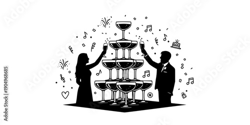 Champagne Coupe Tower Wedding Toast Silhouette