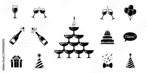 Champagne Coupe Tower Wedding Toast Silhouette