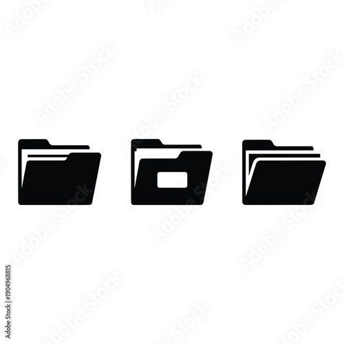 Three black folder icons with one displaying an empty folder symbol. isolated on white background, Vector