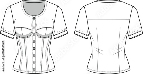 Technical CAD Drawing Flat Vector Illustration of a Women's Short Sleeve Corset Style Top Featuring Button Down Front and Seamed Bodice