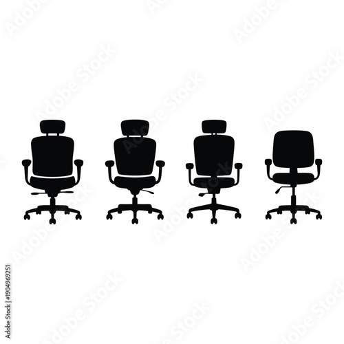 Four black office chairs with mesh backs and five wheels each arranged in a row isolated on white background, Vector