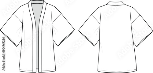 Technical CAD Drawing of a Flat Vector Illustration Featuring a Modern Unisex Kimono Style Cardigan Jacket with Oversized Dropped Shoulder Sleeves