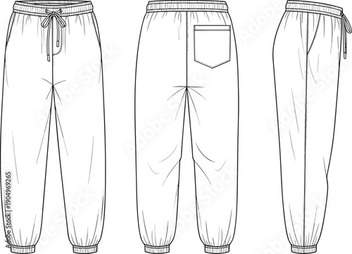 Men Joggers Sweatpants Technical Flat Fashion Sketch Vector Illustration with Elastic Waistband Drawstring and Back Pocket Front Side View CAD Drawing