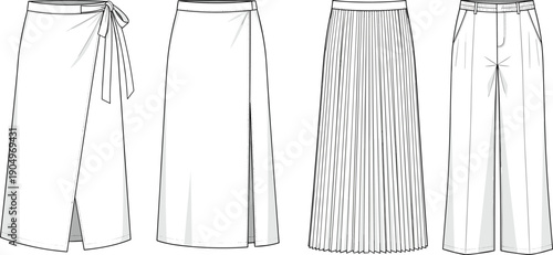 Women Skirt and Trousers Collection Technical Flat Fashion Sketch Vector Illustration with Wrap Skirt Pleated Maxi and Wide Leg Pants