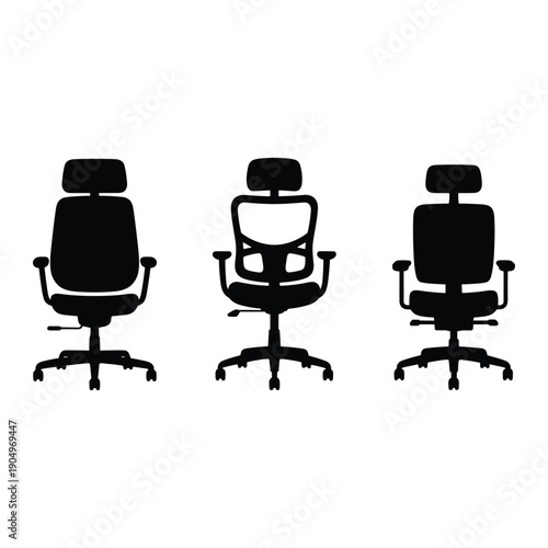 Three modern office chairs with different backrest designs and casters. isolated on white background, Vector