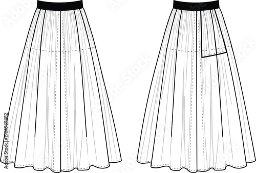 Women High Waisted Pleated Maxi Skirt Technical Flat Fashion Sketch Vector Illustration with Contrast Waistband Front and Back View CAD Drawing