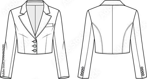 Women Cropped Blazer Jacket Technical Flat Fashion Sketch Vector Illustration with Button Closure Front and Back View CAD Drawing Template